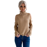 Women Knitted Sweater Turtleneck Solid Color Long Sleeve Twist off-Shoulder Sweater