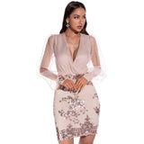 Women Evening Gown Sexy Mesh Long Sleeve Stitching Sequins Dress