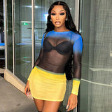 Women Dresses Summer Sexy Mesh round-Neck Long-Sleeved Dress