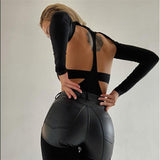 Women Jumpsuit Spring Sexy Backless Crew Neck Long Sleeved Fitted T-shirt