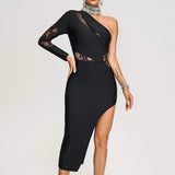 Women's Evening Dress Bandage Dress One Shoulder Lace Slit Dress Long Sleeve Tight Skirt