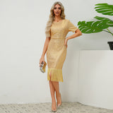 Women Date Dress round Neck Vintage Sequined Tassel Evening Dress