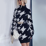 Women Knitted Sweater Autumn and Winter Turtleneck Loose Long Sleeve Houndstooth Woolen Skirt