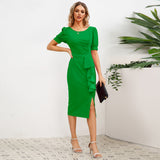 Women Date Dress round Neck Pleated Lace Dress