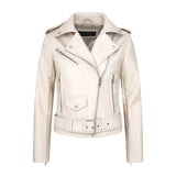 Women Leather Jacket Spring Solid Color Polo Collar Leather Coat