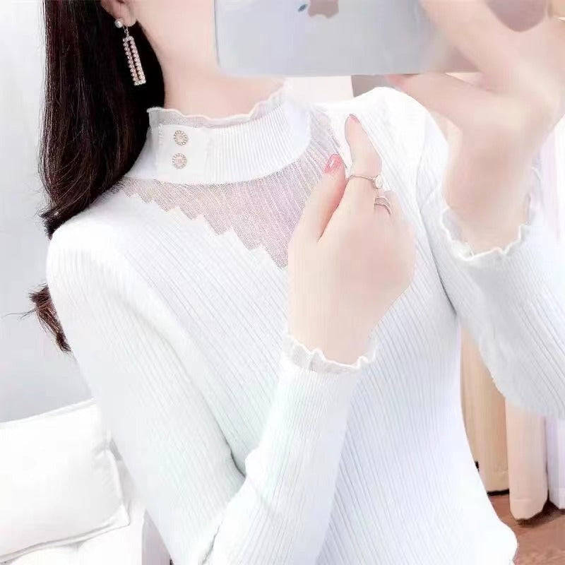 Women Knitwear Autumn and Winter Turtleneck Lace Hollow out Sweater