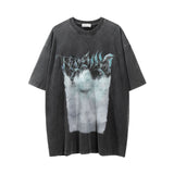 Men Vintage T-shirt Abstract Printing Washed Distressed Short Sleeve T-shirt