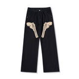 Men Jeans Pistol Patchwork Jeans Loose Retro Black Pants