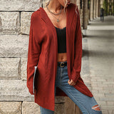 Women Knitted Sweater Autumn Winter Red Long Sleeve Hooded Sweater Cardigan Coat