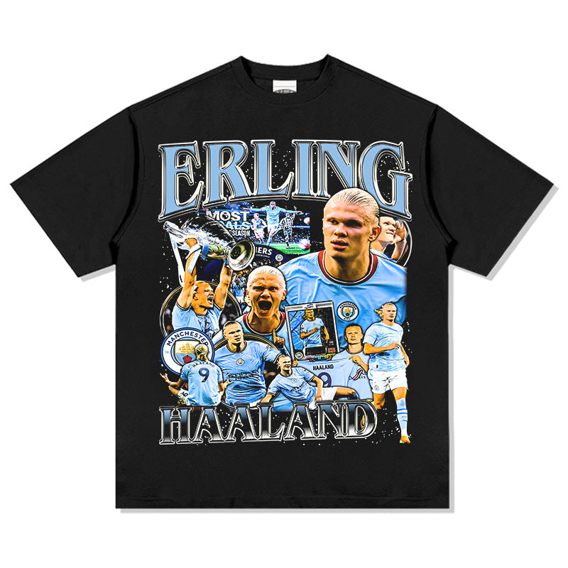 Mens Vintage Football T-Shirt Haaland Printed Short Sleeve T-Shirt Vintage Washed Loose