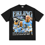 Mens Vintage Football T-Shirt Haaland Printed Short Sleeve T-Shirt Vintage Washed Loose