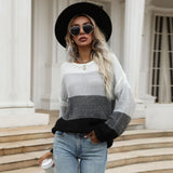 Women Knitted Sweater Autumn Crew Neck Loose Stitching Contrast Color Knitted Long Sleeve Sweater