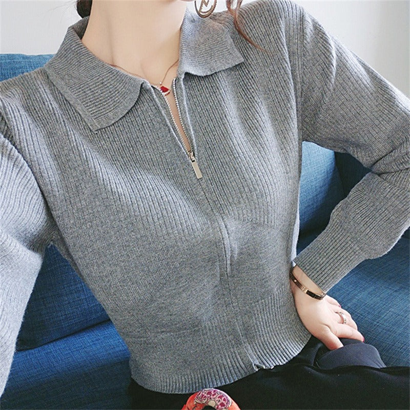 Women Knitwear Autumn and Winter Zipper Polo Collar Sweaters Cardigan