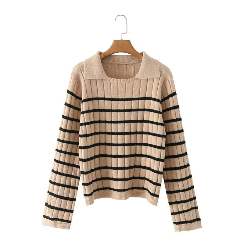 Women Sweater Knitwear Retro Lapels Striped Loose Pullover Sweater