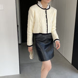 Women Cardigan Sweater Autumn Sweater round Neck Short Button Black and White Cardigan X3005