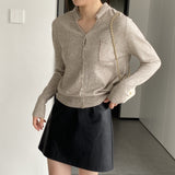 Women Cardigan Sweater Autumn Single Breasted Loose-Fitting V-neck Long Sleeves Knitted Sweater Cardigan 8t8306