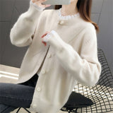 Women Knitwear Spring and Autumn Lace Trim Patchwork round Neck Sweater Loose Knitted Cardigan
