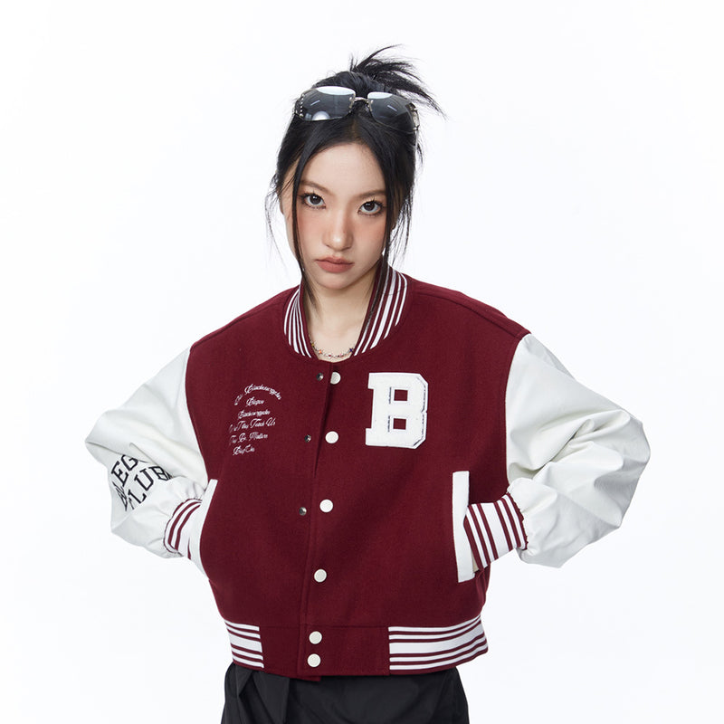 Women Jacket PU Leather Sleeve Baseball Uniform Embroidery Stitching Contrast Color Jacket Jacket
