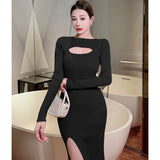 Women Maxi Dress Autumn and Winter Hollow Long Knitted Dress