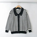 Women Sweater Knitwear Polo Collar Striped Knitted Cardigan Single-Breasted Sweater Coat