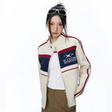 Women Jacket Women's Short Jacket Color Block Embroidery Stand Collar Racing Suit Coat