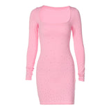 Women Dresses Autumn Hot Drilling U-Neck Long-Sleeved Dress