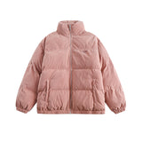 Unisex Winter Cotton Coat Solid Color Embroidered Logo Stand-up Collar Cotton-Padded Clothes Vintage Loose Cotton Coat