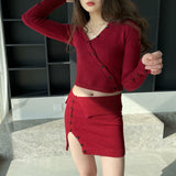 Women Knitted Two-Piece Set Spring Sexy Sweater Top Sheath Skirt Knitting Suit 8t8225