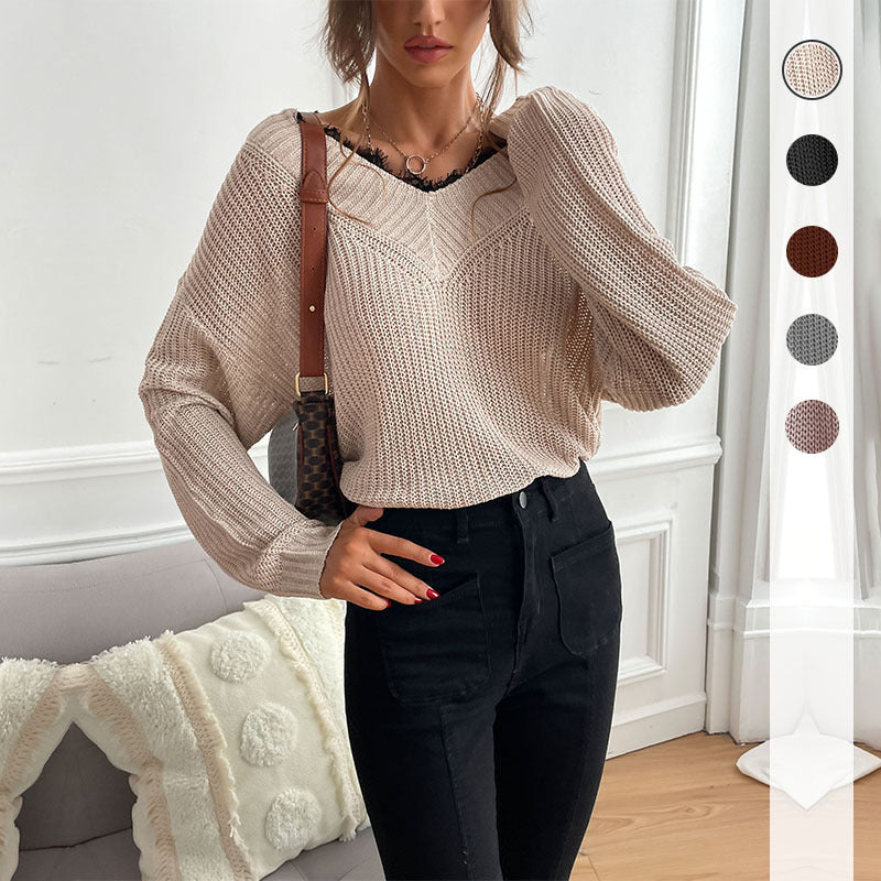 Women Knitted Sweater Autumn Lace Pullover Solid Color Knitted Sweater