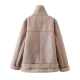 Women Leather Jacket Winter Lapel Long Sleeve Oblique Zipper Belt Coat Leather Coat