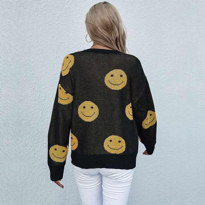 Women Knitted Sweater Autumn and Winter Leisure Smiling Face Long Sleeve Black Sweater