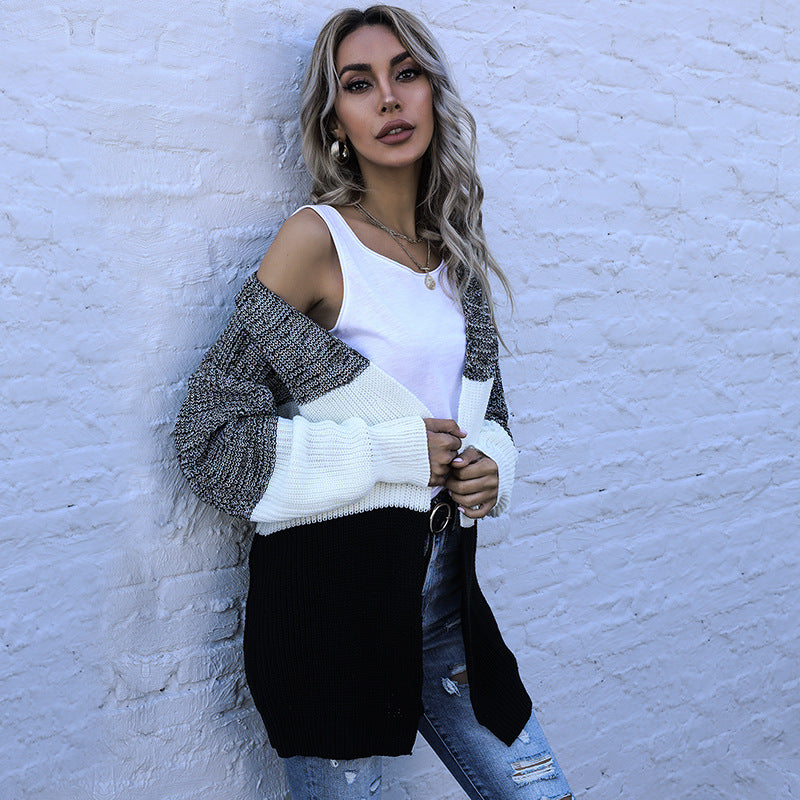 Women Knitted Sweater Fall/Winter Long Sleeve Color Matching Loose Casual Women's Cardigan Sweater Coat