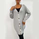 Women Knitted Sweater Autumn Gray Long Sleeves Long Hemlock Sweater
