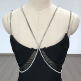 Women Evening Dress Crystal Drill Chain Straps Tulle Backless Evening Gown