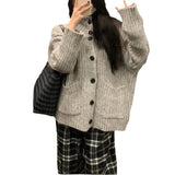 Women Knitted Cardigan High Collar Loose Sweater Women's Autumn Winter Retro Knitted Coat Cardigan