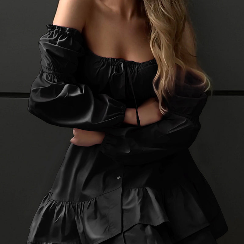 Women Dress Square Collar Puff Sleeve Dress