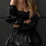 Women Dress Square Collar Puff Sleeve Dress