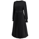 Women Date Dress Fall/Winter Slim Long Sleeve round Neck Pleated Long Dress