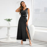 Women Date Dress Sexy Sleeveless V-neck Slit Slim Fit Long Dress