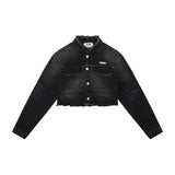 Women Jacket Short Frayed Hem Denim Jacket