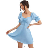 Women Dress Blue Square Collar Vintage Dress