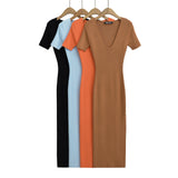 Women Dresses Summer New U Collar Half Sleeve Slit Knitted Dress (Xds0414)
