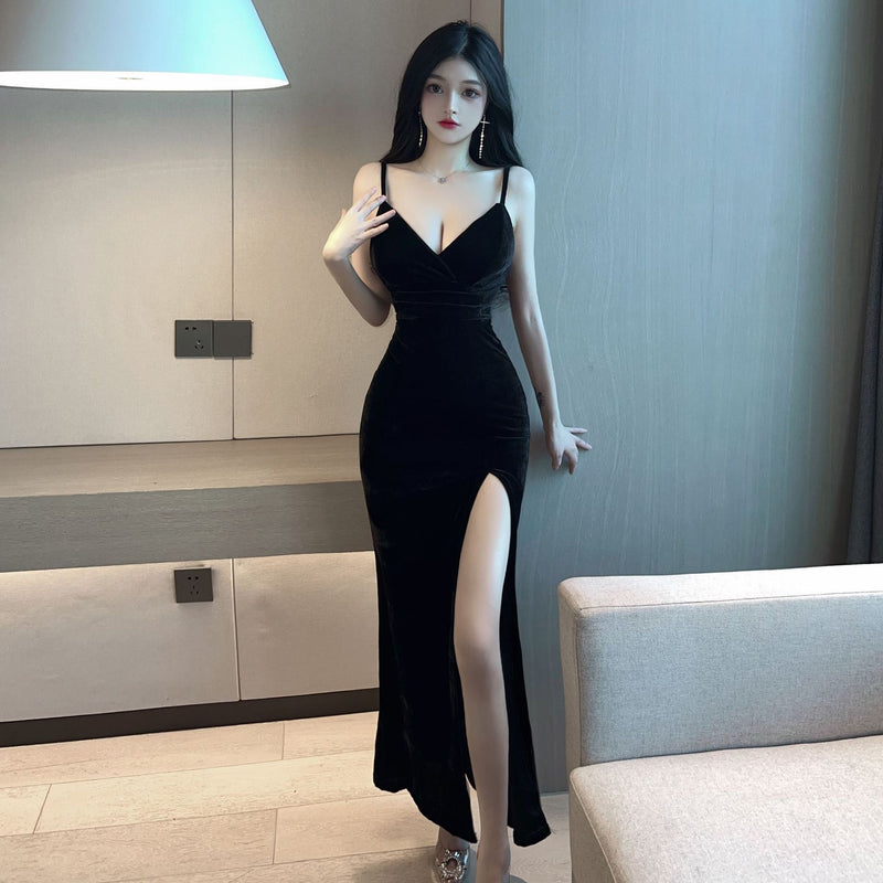 Women Maxi Dress Autumn Winter Sexy Pleuche Spaghetti-Strap Formal Dress Dress