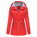 Women's Trench Coat Long-Sleeved Waterproof Mid-Length Trench Coat Women's Hooded Striped Raincoat
