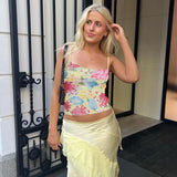Women Tops Summer Slim Fit Vest Sexy Straps Tulle Printed Top