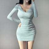 Women Dresses Blue V-neck Dress Long Sleeve Hip Skirt Skirt