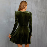 Women Dress V-neck Long Sleeve Velvet Dress
