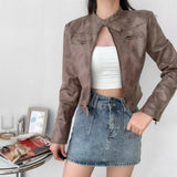 Women Leather Jacket Retro Short Slim-Fitting Biker Jacket Autumn Leather Coat Suede Jacket