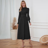 Women Date Dress Stand Collar Long Sleeve Skirt