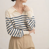 Women Knitwear Autumn and Winter Polo Collar Striped Sweater Sweater